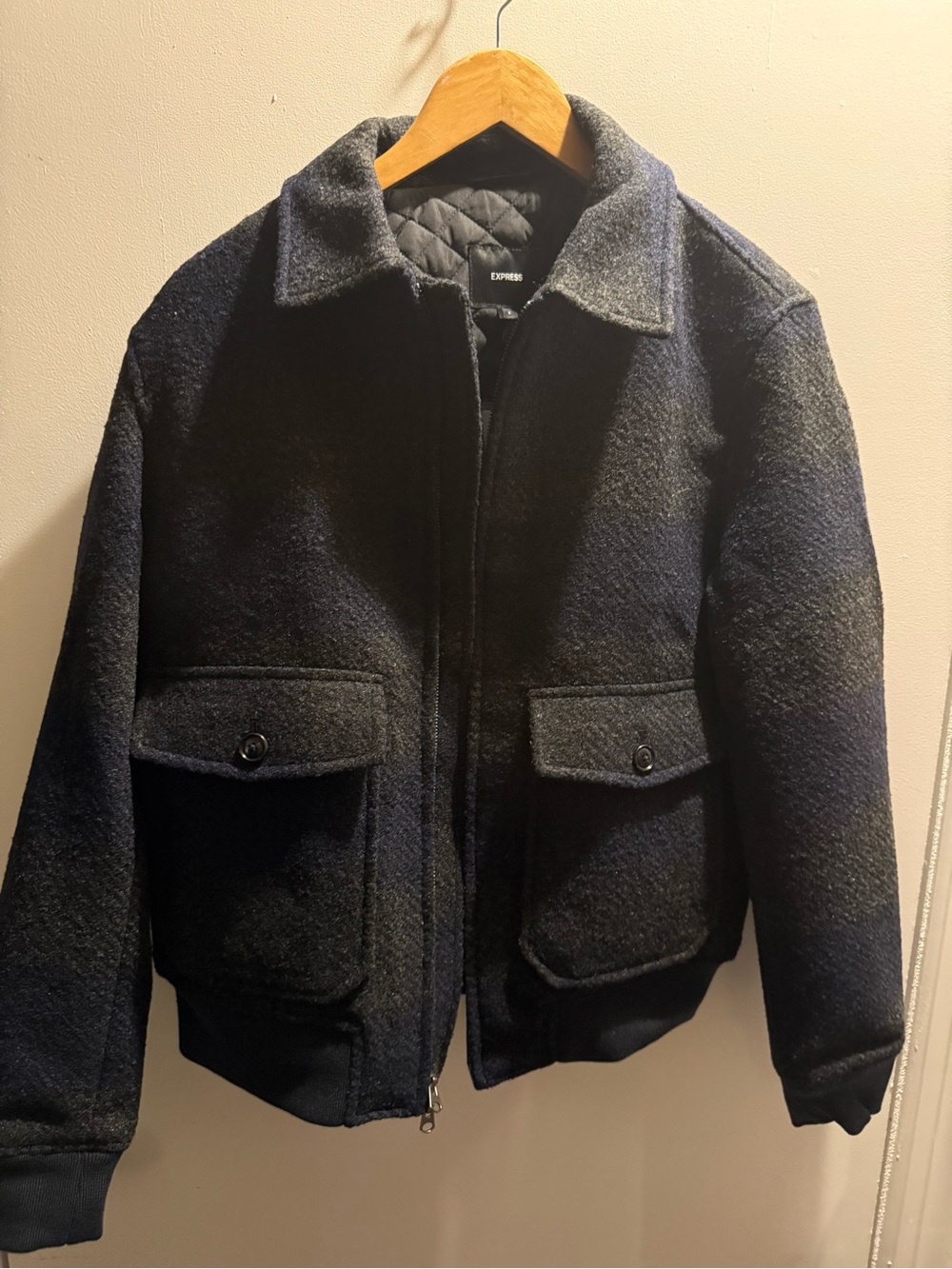 Navy and Olive Wool-Blend Zip-Up Jacket